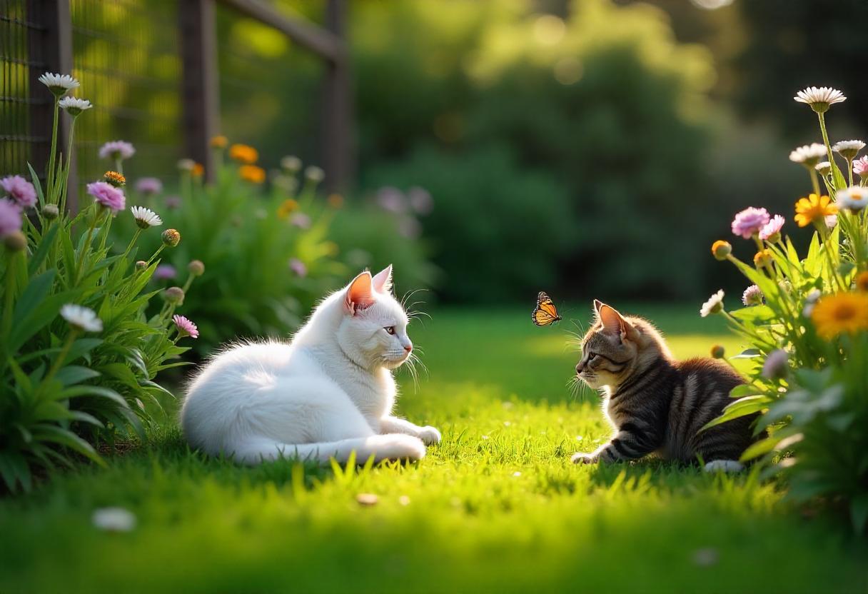 deux chats allongés dans un jardin